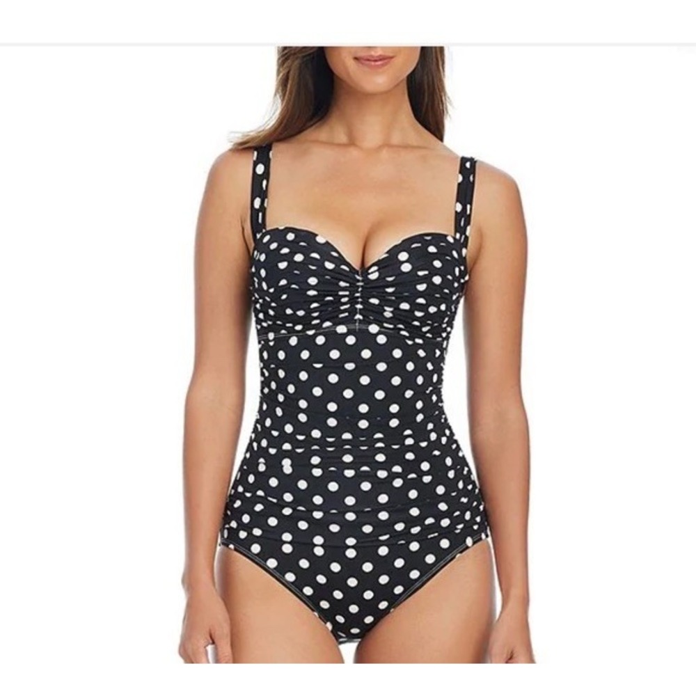 Bond Eye Australia Black White Polka Dot One Piece Ruched Swimsuit Size 10‎ NWOT
